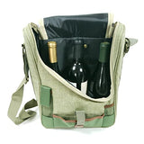 Wine Bag 3 Bottle Canvas Insulated Carrier Tote Cooler with Adjustable Carrying Strap and Removeable Separators, Green