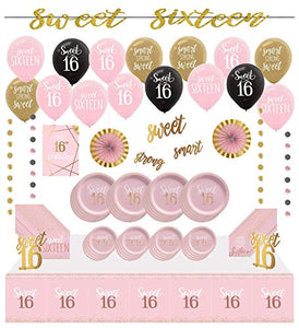 Multiple Brands Sweet Sixteen Blush 16 Coming of Age Jumbo Deluxe Birthday Premium Party Supplies Bundle Pack for 16 Guests (Plus Party Planning Checklist by Mikes Super Store), Deluxe Jumbo, Pink