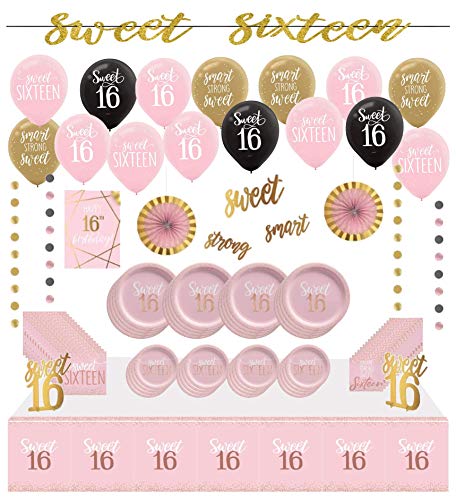 Multiple Brands Sweet Sixteen Blush 16 Coming of Age Jumbo Deluxe Birthday Premium Party Supplies Bundle Pack for 16 Guests (Plus Party Planning Checklist by Mikes Super Store), Deluxe Jumbo, Pink