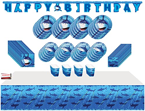 Multiple Brands Great White Shark Jumbo Deluxe Birthday Party Supplies Super Bundle Pack for 16 Guests (Plus Party Planning Checklist by Mikes Super Store) Multi-color