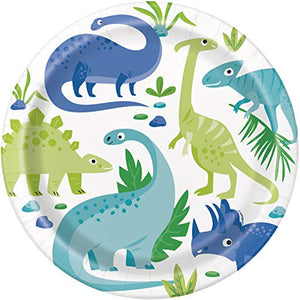 Round Dinner Paper Plates - 9" | Blue & Green Dinosaur | 8 Pcs