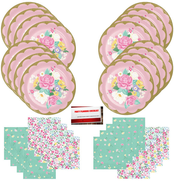 Multiple Brands Floral Tea Party Time Wonderland Birthday Party Supplies Plates and Napkins Bundle Pack for 16 Guests (Plus Party Planning Checklist by Mikes Super Store)